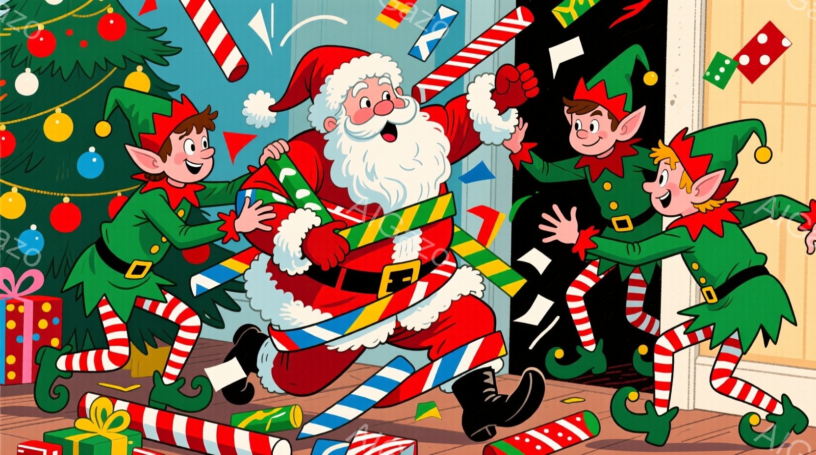 クリスマスツリーを背景に、サンタクロースが2人のエルフに囲まれて、プレゼントの包装紙やリボンが散乱する室内で走り回っています。サンタは赤いスーツと帽子を身につけ、白いひげをたくわえ、エルフたちは緑色の - AI生成フリー素材