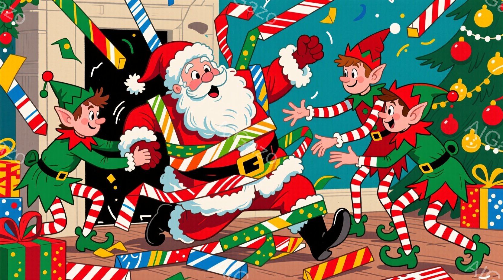 サンタクロースは緑色のズボンと赤いジャケットを着ており、白いひげと明るい笑顔をしています。彼は二人のエルフに囲まれており、エルフたちは緑の服と尖った帽子をかぶっています。背景には、プレゼントの包装紙が - AI生成フリー素材