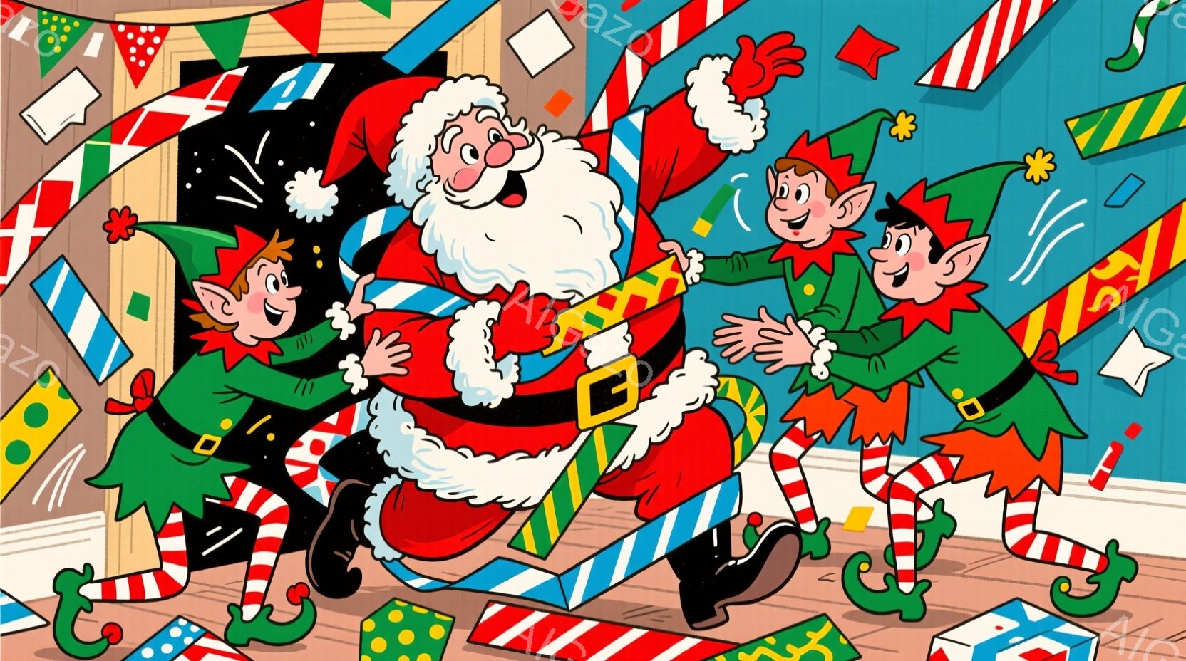 サンタクロースが赤と白の伝統的な衣装を着て、緑色のエルフたちに囲まれています。サンタクロースは笑顔で両手を広げ、エルフたちは喜びいっぱいの表情でサンタクロースの周りを踊っています。背景には、カラフルな - AI生成フリー素材