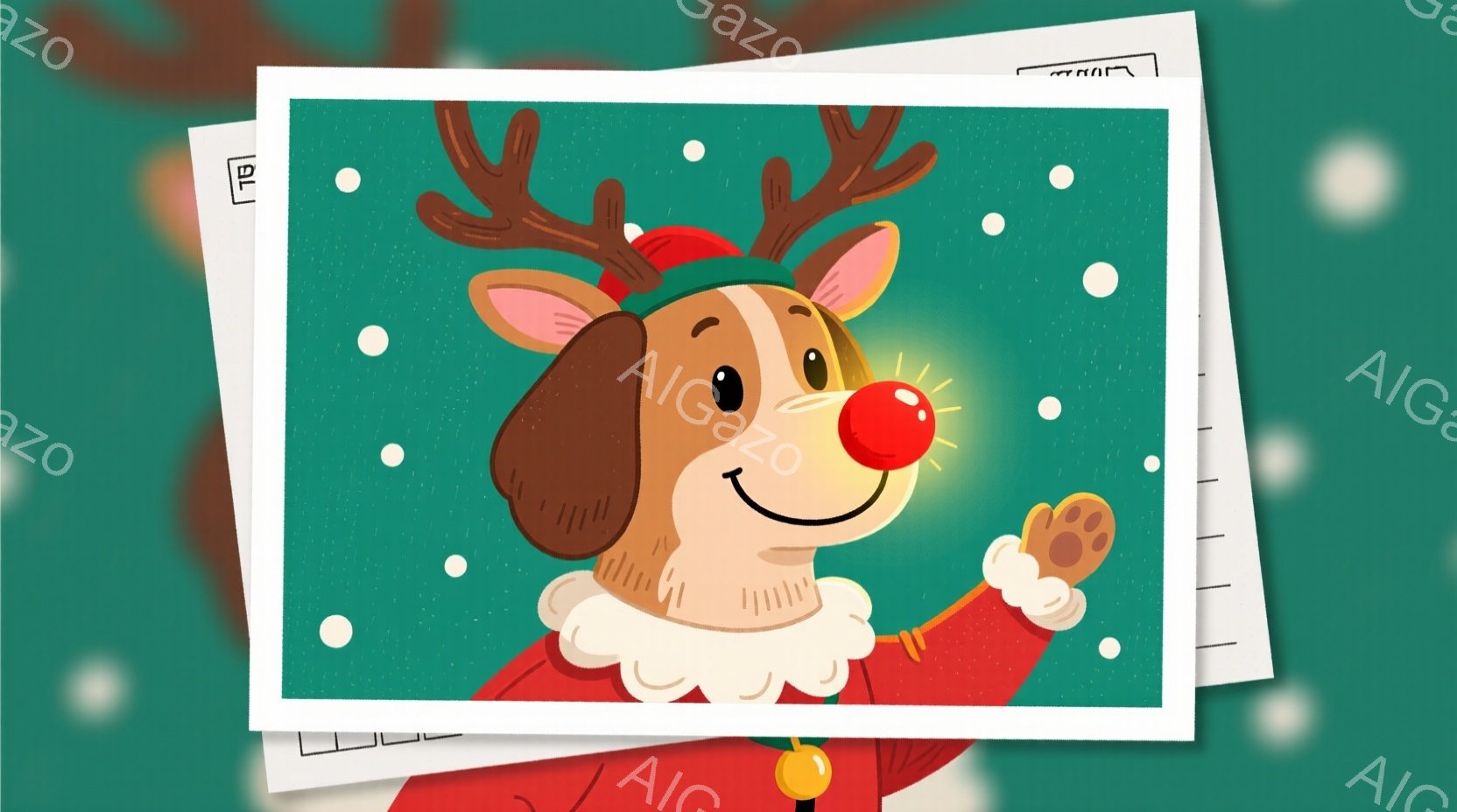 トナカイの角と赤い鼻を持つ茶色の犬が描かれており、クリスマスの衣装を着ています。犬は片手を上げて笑顔を見せ、楽しそうな雰囲気を醸し出しています。背景は緑色で白い水玉模様があり、イラスト全体が明るく陽気 - AI生成フリー素材