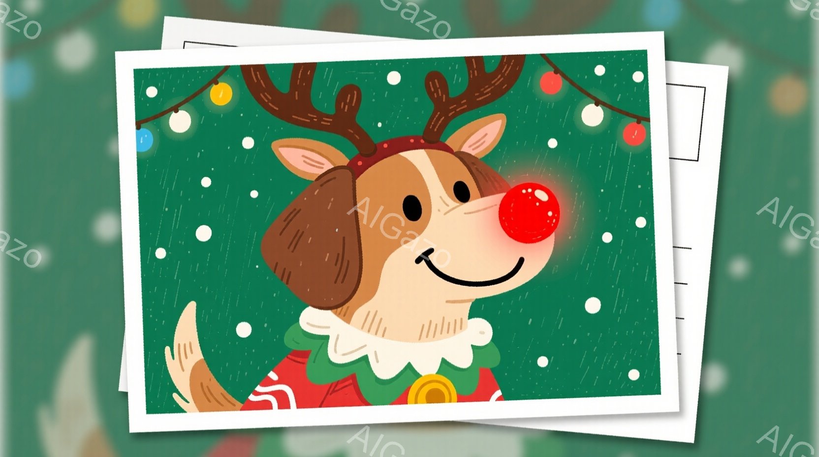 クリスマスの衣装を着た犬の頭部をクローズアップしたものです。茶色の毛並みに赤い鼻と角飾りをつけ、緑色の服を着ています。背景は緑色で白い水玉模様があり、全体的に温かく、お祭り気分を醸し出しています。