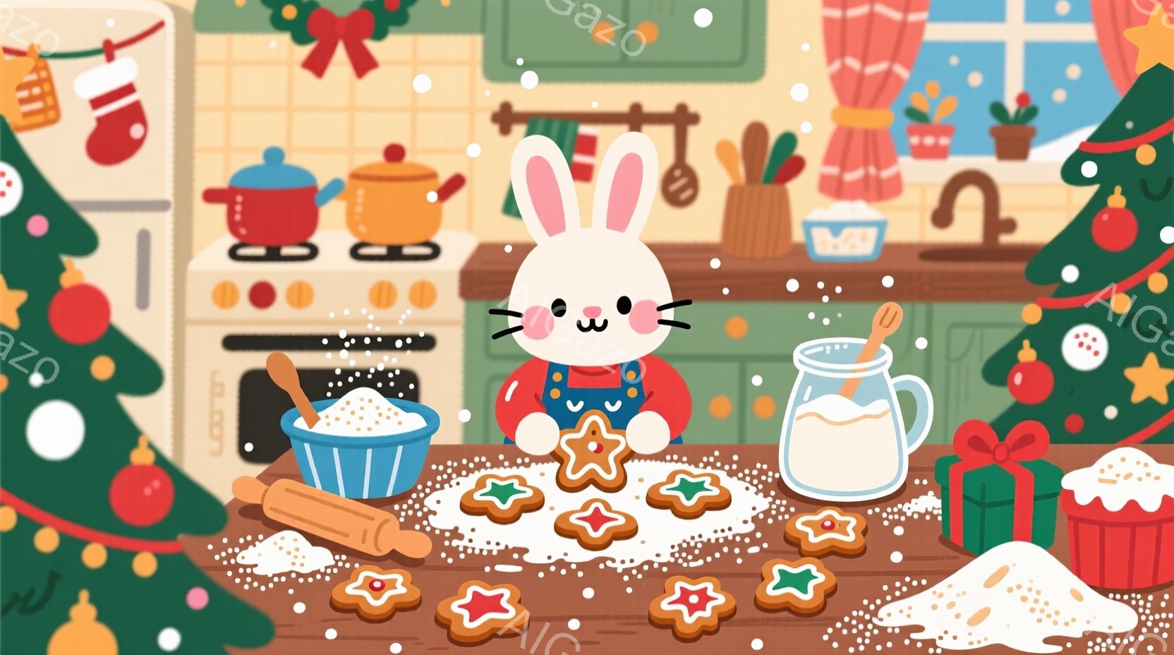 白いウサギがエプロンをつけて、クリスマスツリーの近くのキッチンでクッキーを作っています。ウサギは前かがみになり、クッキー生地を転がし、星やハートなどの様々な形に切り抜いています。背景には、プレゼントや - AI生成フリー素材