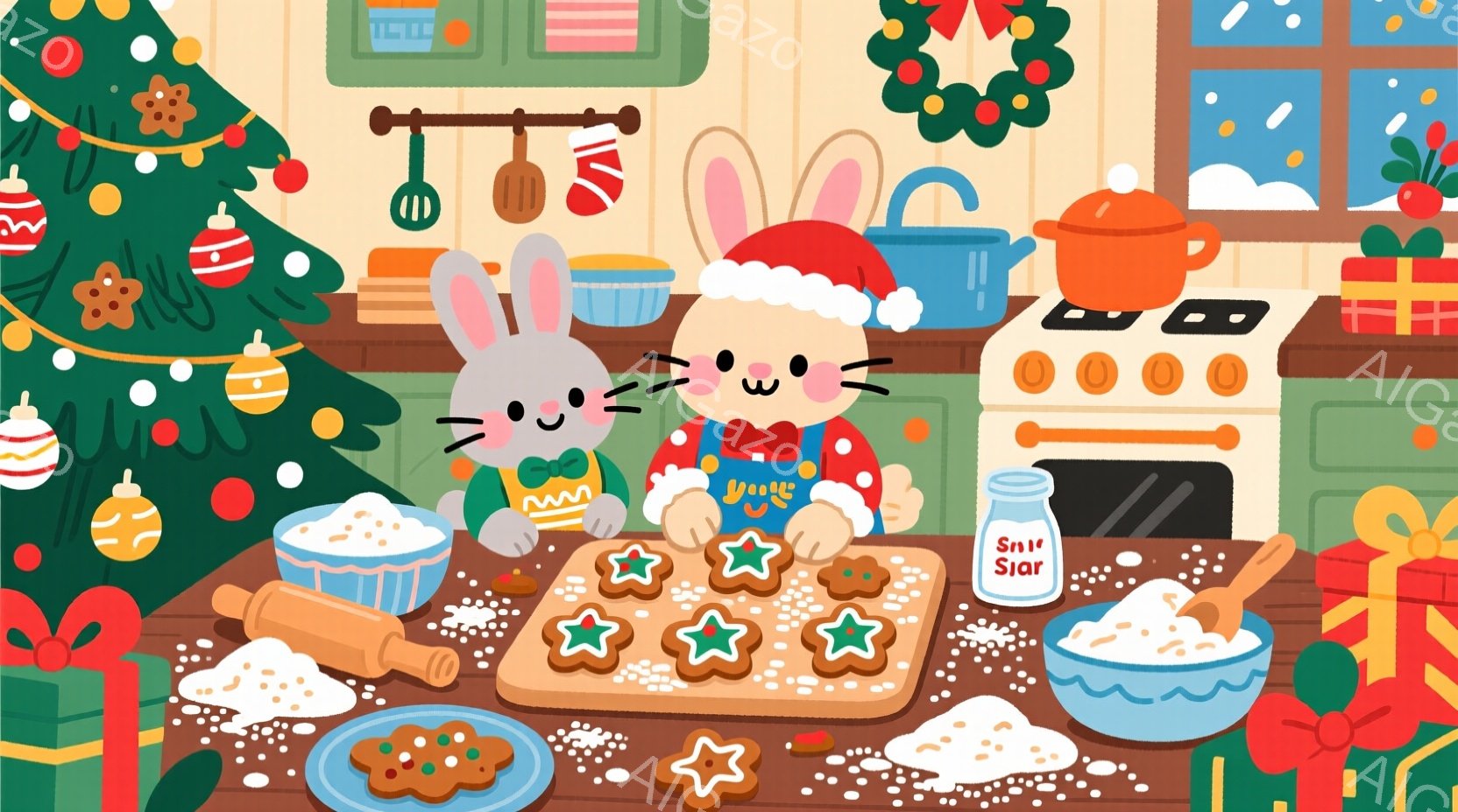 白いウサギがクリスマスツリーのあるキッチンでクッキーを作っています。赤いサンタ帽と蝶ネクタイを身につけ、笑顔で星形のクッキーをデコレーションしています。背景にはプレゼント、オーブン、クリスマスリースがあり、暖かく幸せなクリスマスの雰囲気が漂っています。