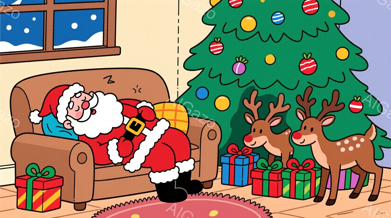 暖炉のある部屋で、サンタクロースがソファで眠っています。赤いスーツを着て、白いひげをたくわえ、足には黒いブーツを履いています。背景には、プレゼントの箱が置かれたクリスマスツリーがあり、窓の外には雪が降 - AI生成フリー素材