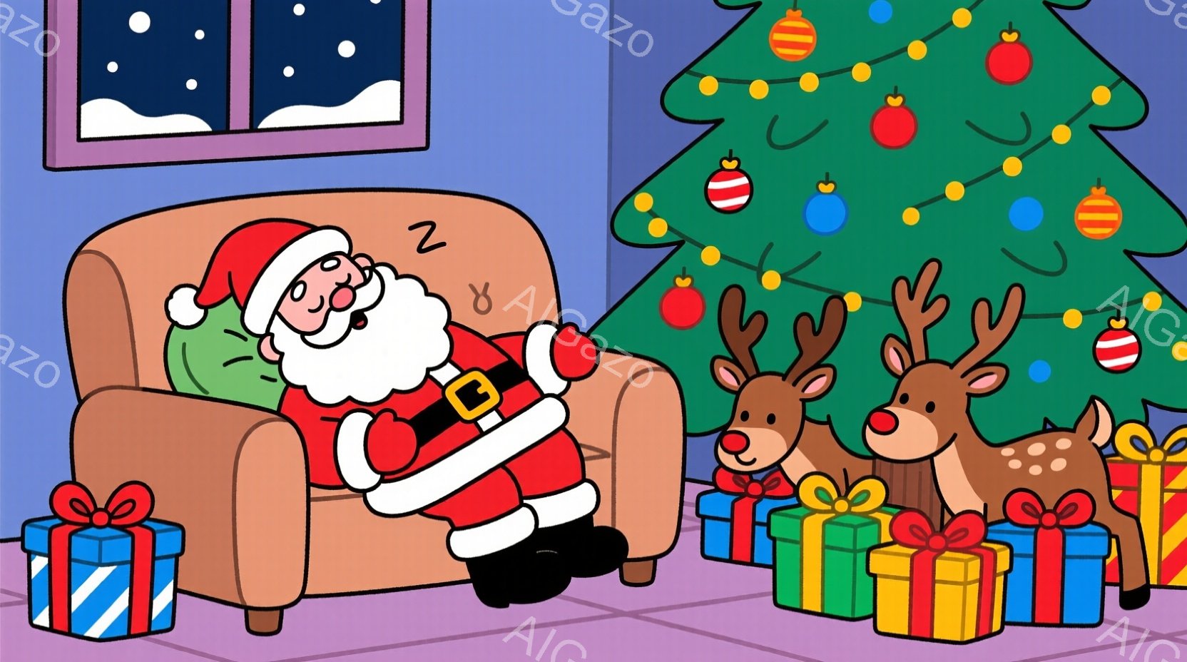 サンタクロースは、肘掛け椅子に深く座って眠っており、顔はリラックスした表情をしています。背景には、飾り付けられたクリスマスツリーと、積み重ねられたプレゼントの山があり、暖かくお祝いムードが漂っています。窓の外は雪が降っており、クリスマスの夜の静かで穏やかな雰囲気を醸し出しています。