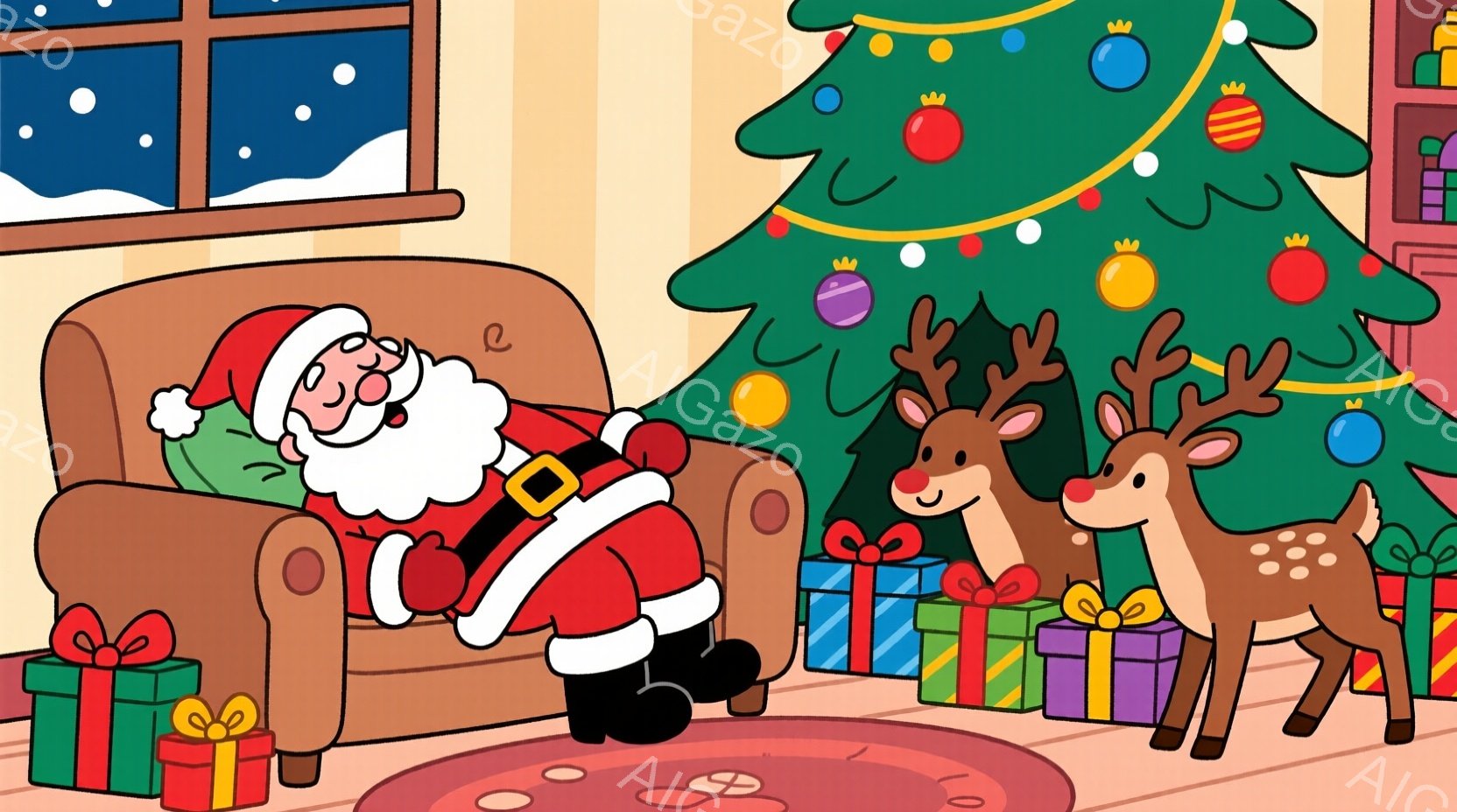 暖炉のある部屋で、サンタクロースがオレンジ色の肘掛け椅子で眠っています。彼は赤いスーツと白い毛皮の縁取りの服を着て、白いひげを生やし、幸せそうな表情をしています。背景には、プレゼントで飾られたクリスマ - AI生成フリー素材