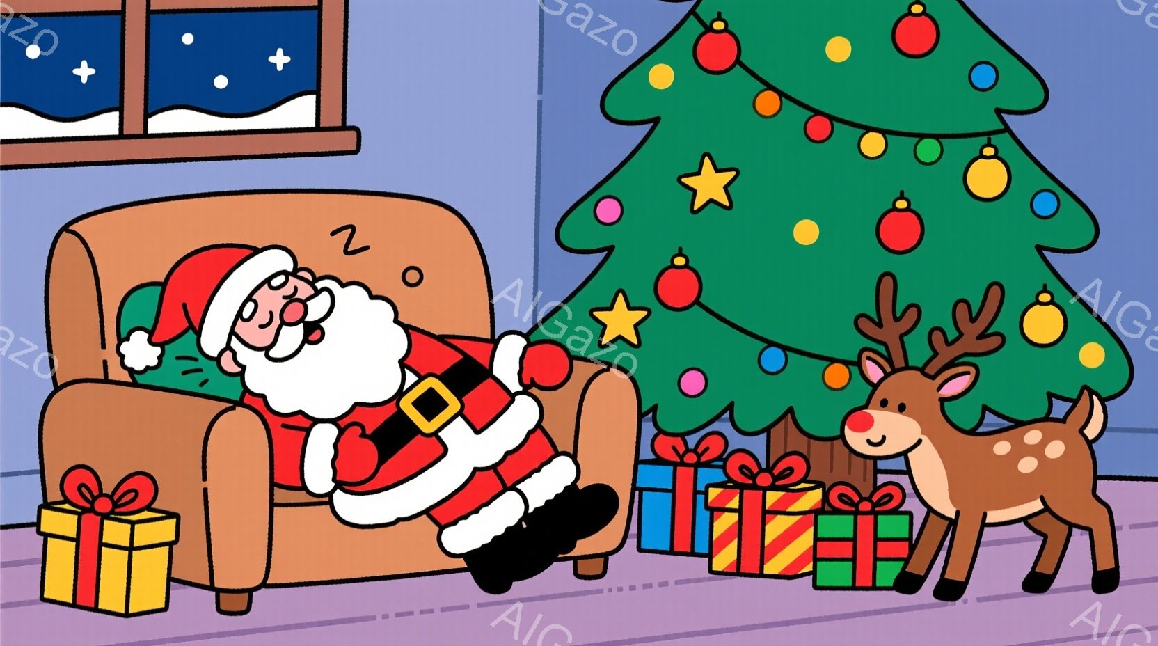 サンタクロースはオレンジ色の肘掛け椅子に横たわって眠っており、赤い帽子と緑と赤の衣装を着ています。背景には、オーナメントで飾られた緑のクリスマスツリーと、色とりどりのプレゼントの箱が置かれています。全 - AI生成フリー素材