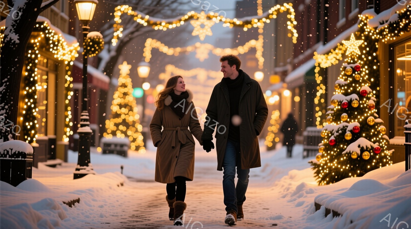 雪が舞う街並みを、若い男女が手をつないで歩いている。女性はベージュのロングコートにブーツを履き、笑顔で夫と見つめ合っている。背景にはクリスマスツリーやイルミネーションが飾られ、暖かくロマンチックな雰囲 - AI生成フリー素材