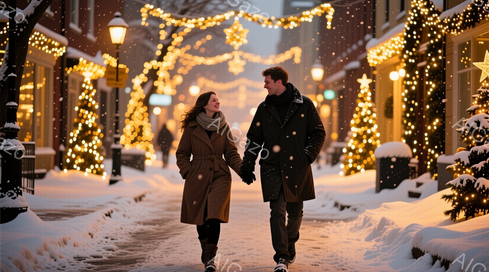 雪が舞う冬の街並みを、コートを着た男女が手をつないで歩いている。女性は茶色のコートに長い髪、笑顔で歩き、男性は黒いコートとマフラーで暖かく、楽しそうに彼女を見つめている。背景にはクリスマスツリーやイル - AI生成フリー素材