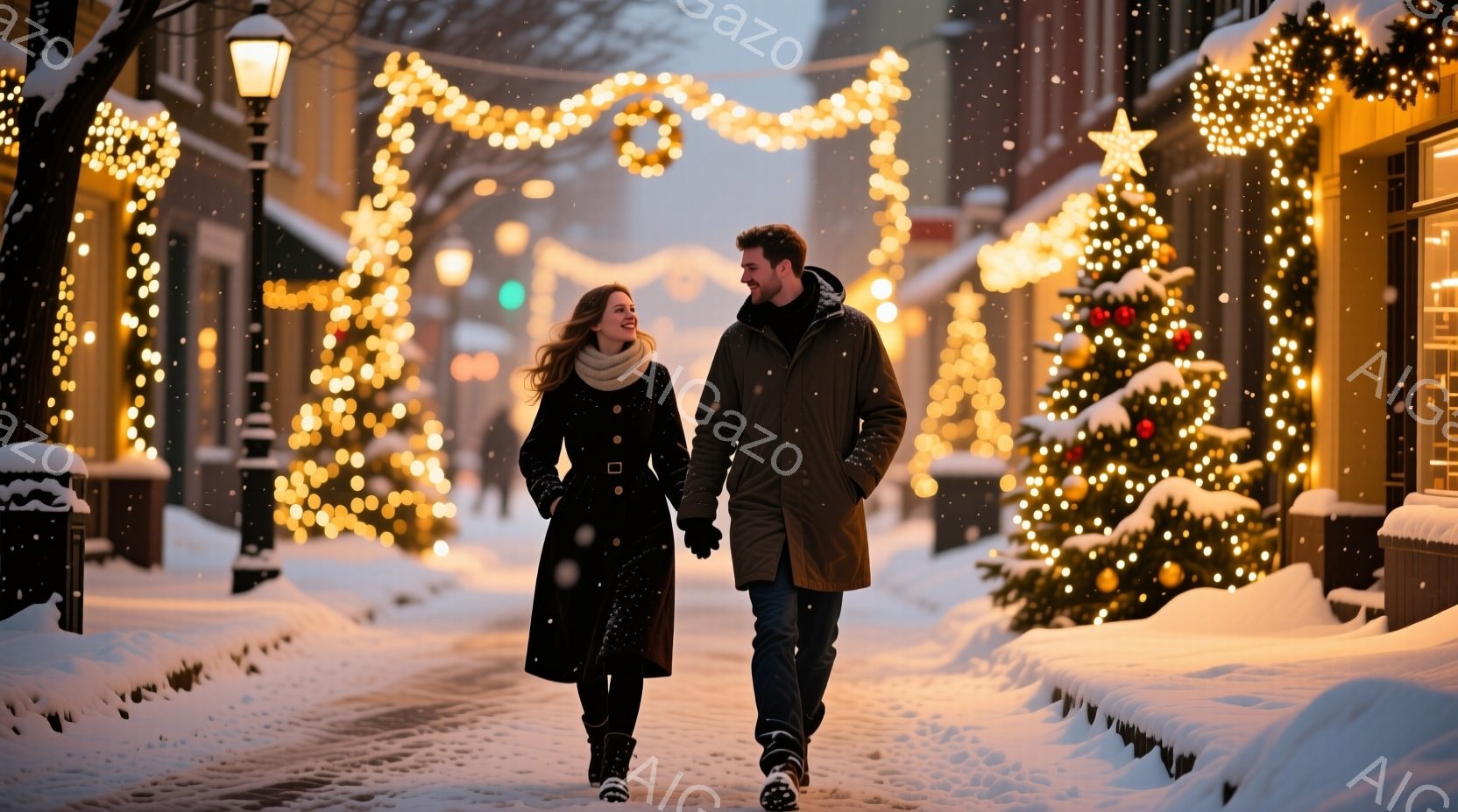雪が舞う街並みを、コート姿の男女が手をつないで歩いている。女性は長い茶髪を背中に垂らし、黒いコートに身を包み、笑顔を見せている。背景にはクリスマスツリーやイルミネーションで飾られた建物が並び、暖かくロ - AI生成フリー素材