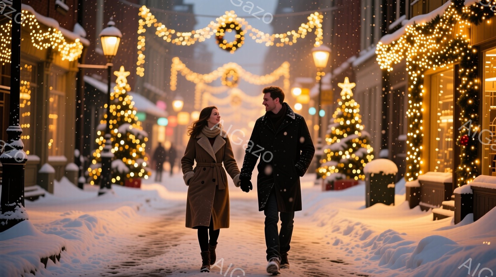 雪が降り積もる街路を、コートを着た男女が手をつないで歩いている。女性はベージュのコートで、長い髪を後ろに流し、微笑んでいる。背景にはクリスマスツリーやイルミネーションで飾られた建物が並び、温かくロマン - AI生成フリー素材
