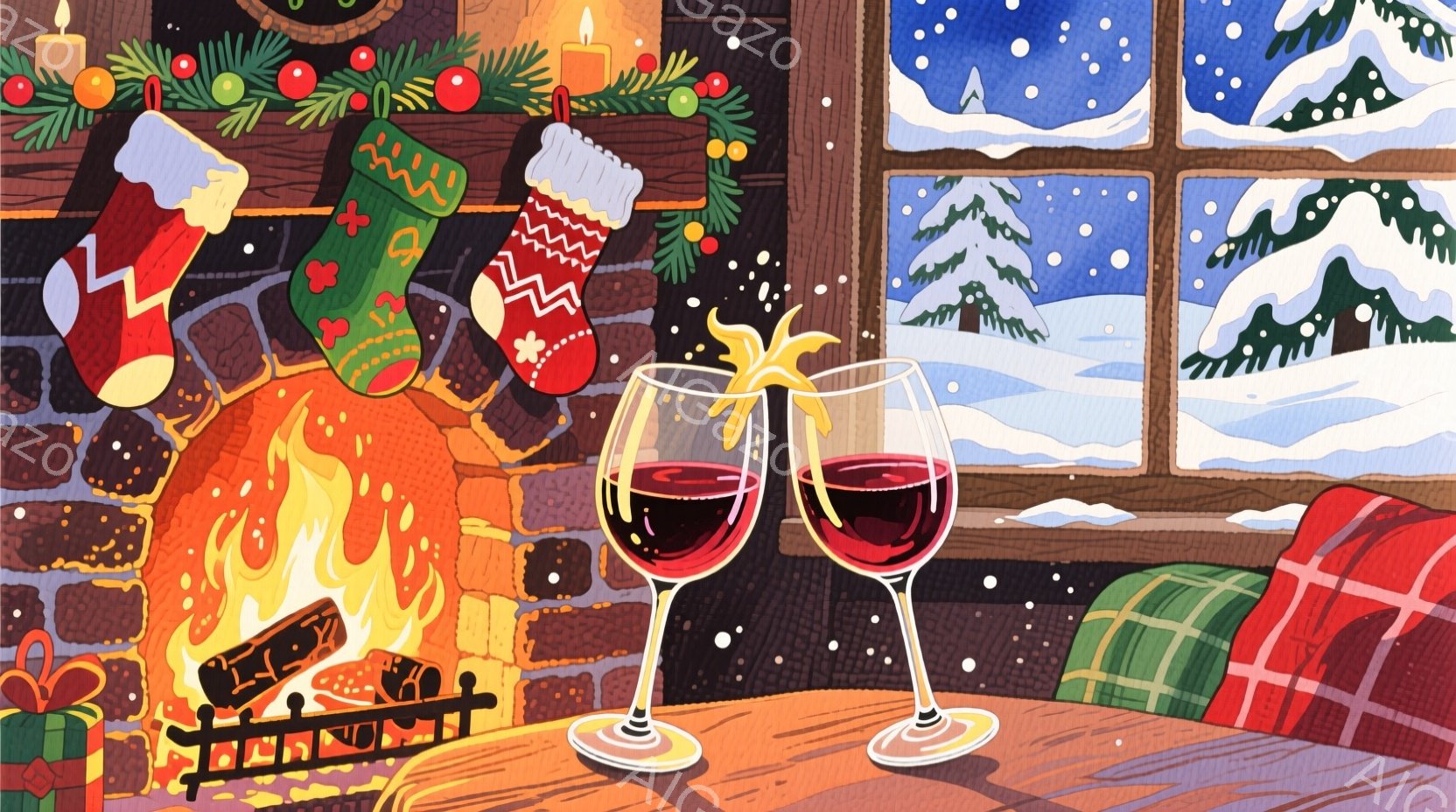 壁炉の前に置かれた2つのワイングラスが目に入ります。暖炉では木々が燃え盛り、クリスマスの装飾が施されたマントルピースには、靴下やクリスマスオーナメントが飾られています。窓の外には雪景色が広がり、暖かい - AI生成フリー素材