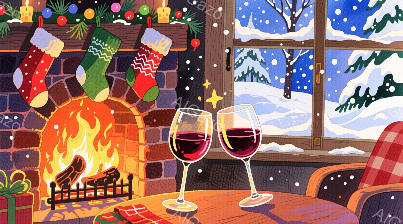 暖炉のそばには、クリスマスの装飾が施されたマントルピースがあり、カラフルな靴下が吊るされています。窓の外には雪景色が広がり、雪の降る冬の風景が描かれています。２つのワイングラスが暖炉の前で暖かく光る風 - AI生成フリー素材