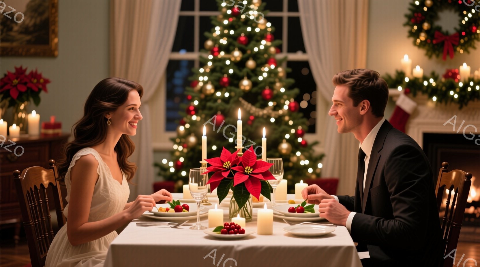 明るい暖炉とクリスマスツリーを背景に、男女が白いテーブルを挟んで向かい合って食事をしています。女性は肩出しの白いドレスを着ており、長く巻いた髪と微笑みを浮かべています。男性は黒いスーツを着ており、テー - AI生成フリー素材