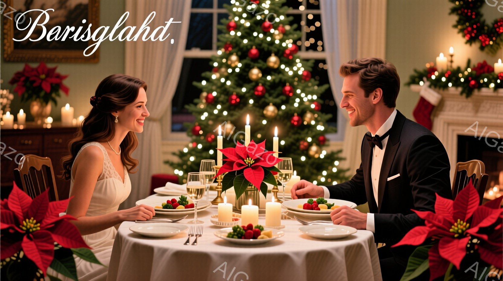 華やかなクリスマスのディナーを男女が楽しんでいる様子が描かれている。女性は白いドレスに髪を優雅にまとめ、微笑みを浮かべている。男性はタキシードを身につけ、女性を見つめながら穏やかな表情を浮かべており、 - AI生成フリー素材