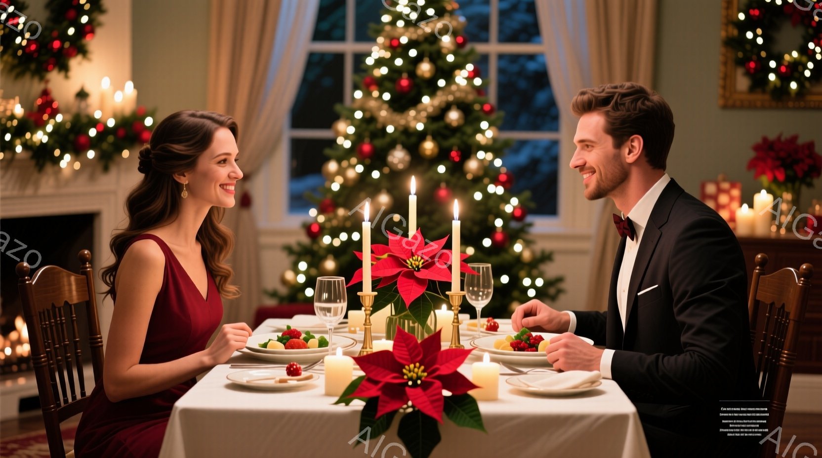 クリスマスツリーの前で、ドレスを着た女性とタキシードを着た男性が向かい合って食事をしています。女性は笑顔で、男性も優しく微笑み、二人は幸せそうな雰囲気を醸し出しています。背景には暖炉と装飾されたクリスマスツリーがあり、テーブルにはキャンドルとポインセチアが飾られ、ロマンチックで温かいクリスマスの夜を思わせます。