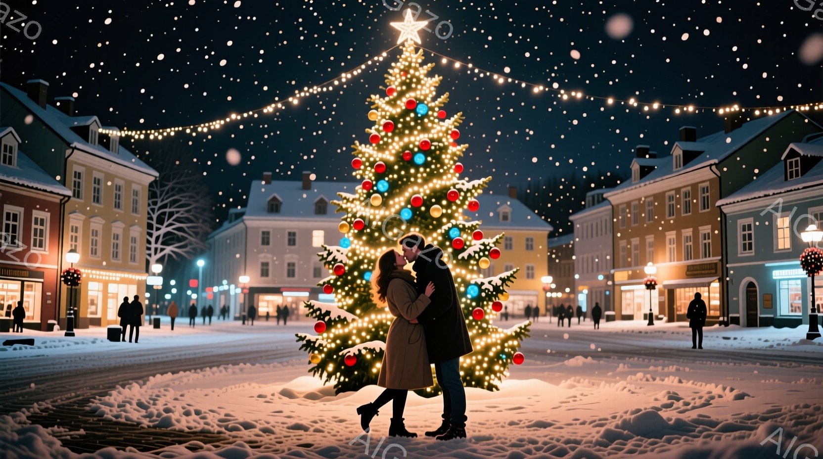 雪が舞う夜のクリスマスの光景で、中央にはカップルがキスをしています。女性は長い茶色の髪で、ベージュのコートを着ており、男性は黒いコートを着ています。背景には、雪に覆われた建物が立ち並び、クリスマスツリ - AI生成フリー素材