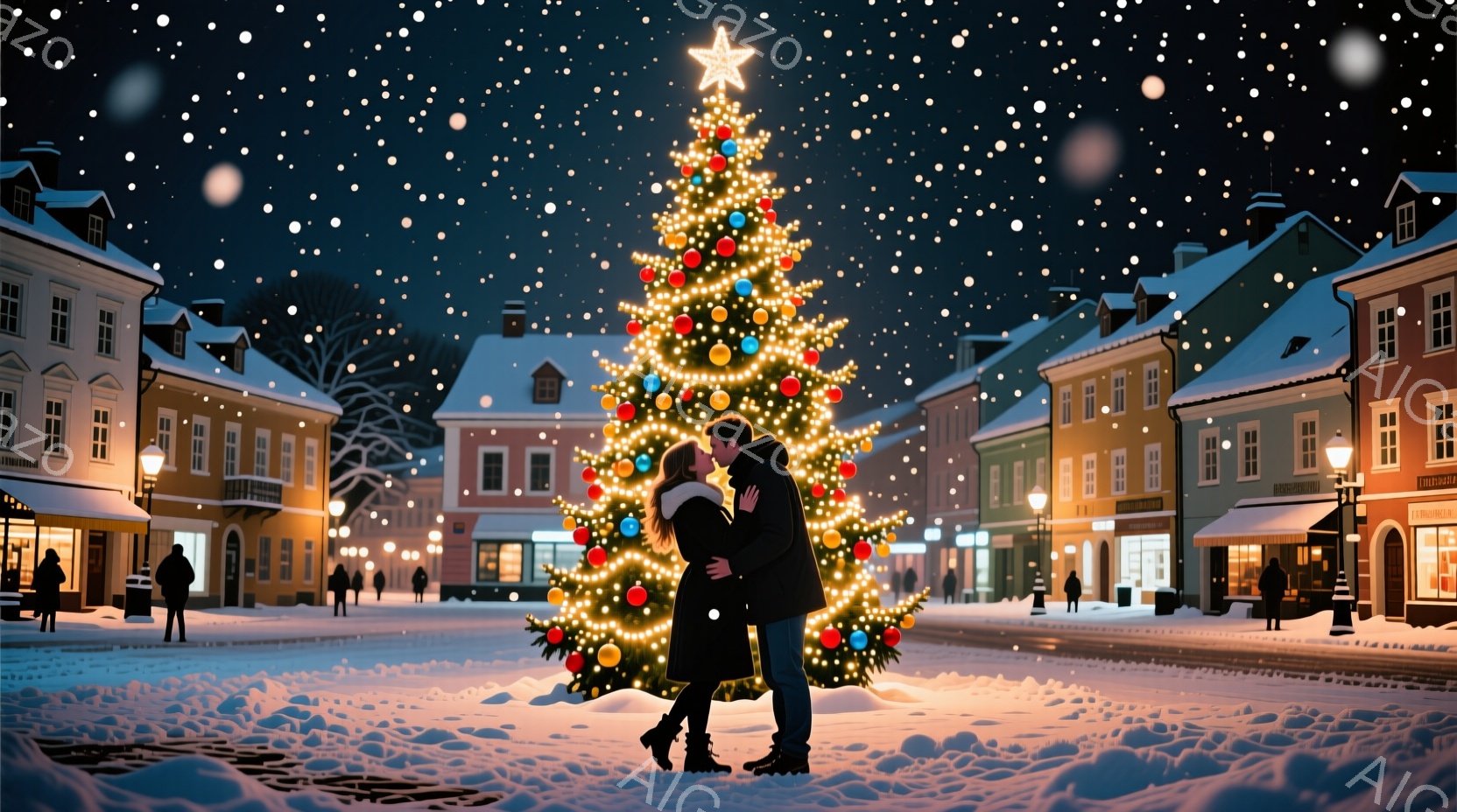 街の中心にあるクリスマスツリーの下で、カップルがキスをしています。男性は黒いコートとズボン、女性は赤いコートを着ており、両者ともシルエットのため顔の表情ははっきりしませんが、親密な雰囲気です。背景には - AI生成フリー素材