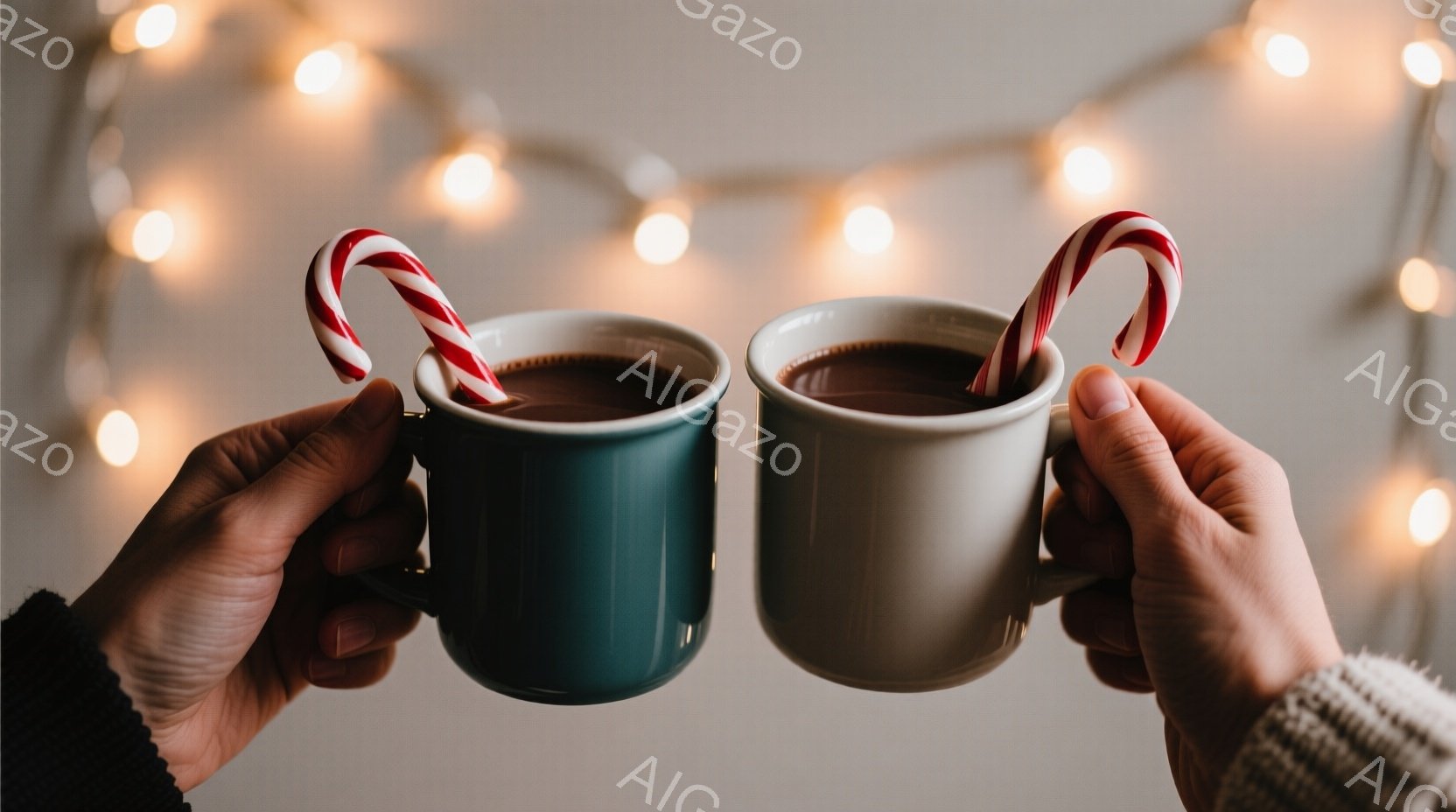 互いに向かい合った二つのマグカップが描かれており、それぞれ濃い緑色と白色をしています。それぞれのカップにはキャンディケーンが差し込まれており、温かい飲み物が中に入っているようです。背景にはぼやけた光のストリングが散りばめられており、温かく心地よい雰囲気を醸し出しています。