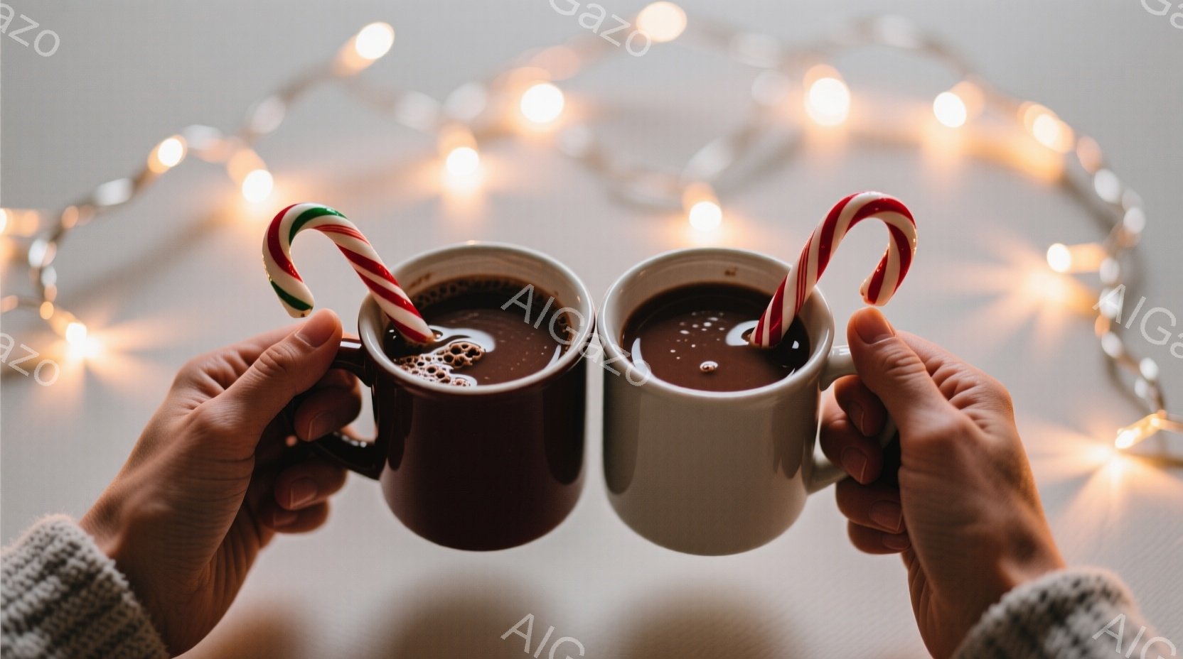 暖かいセーターの袖を持つ手が、ホットココアの入った茶色のマグカップを二つ持っている。それぞれのマグカップにはキャンディケーンが差し込まれており、湯気は温かさを感じさせる。背景にはぼやけた光のストリング - AI生成フリー素材