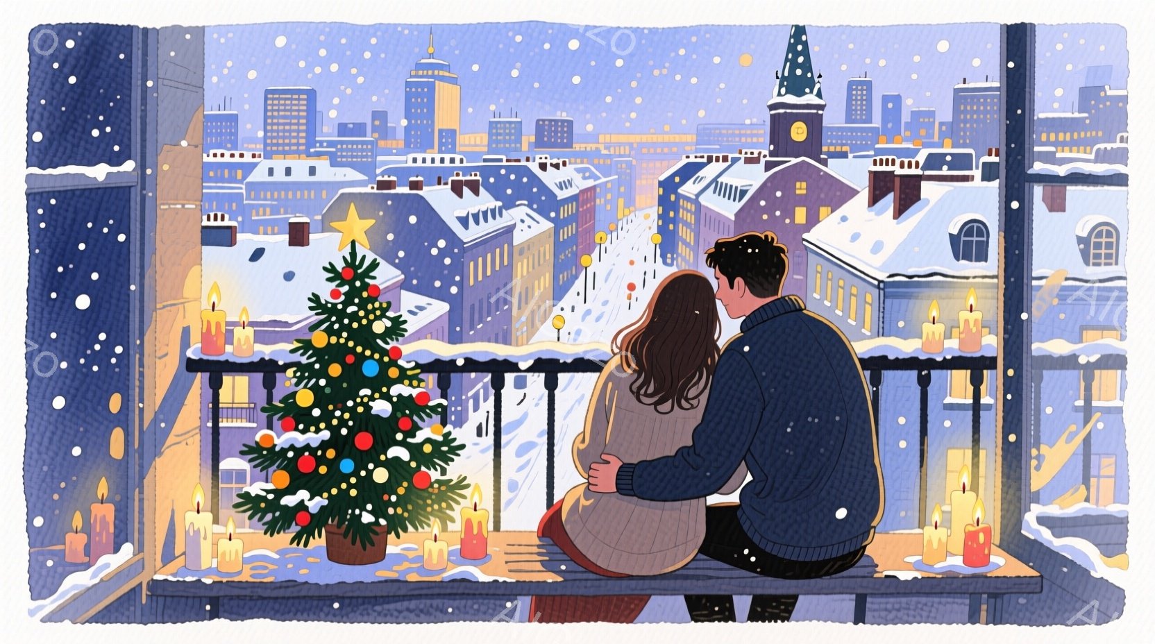 雪が降る夜、バルコニーに若い男女が寄り添って座っています。女性は長い茶色の髪で、ベージュ色のセーターを着ており、男性は黒髪で黒いセーターを着ています。背景には、雪に覆われた建物が連なり、クリスマスの飾 - AI生成フリー素材