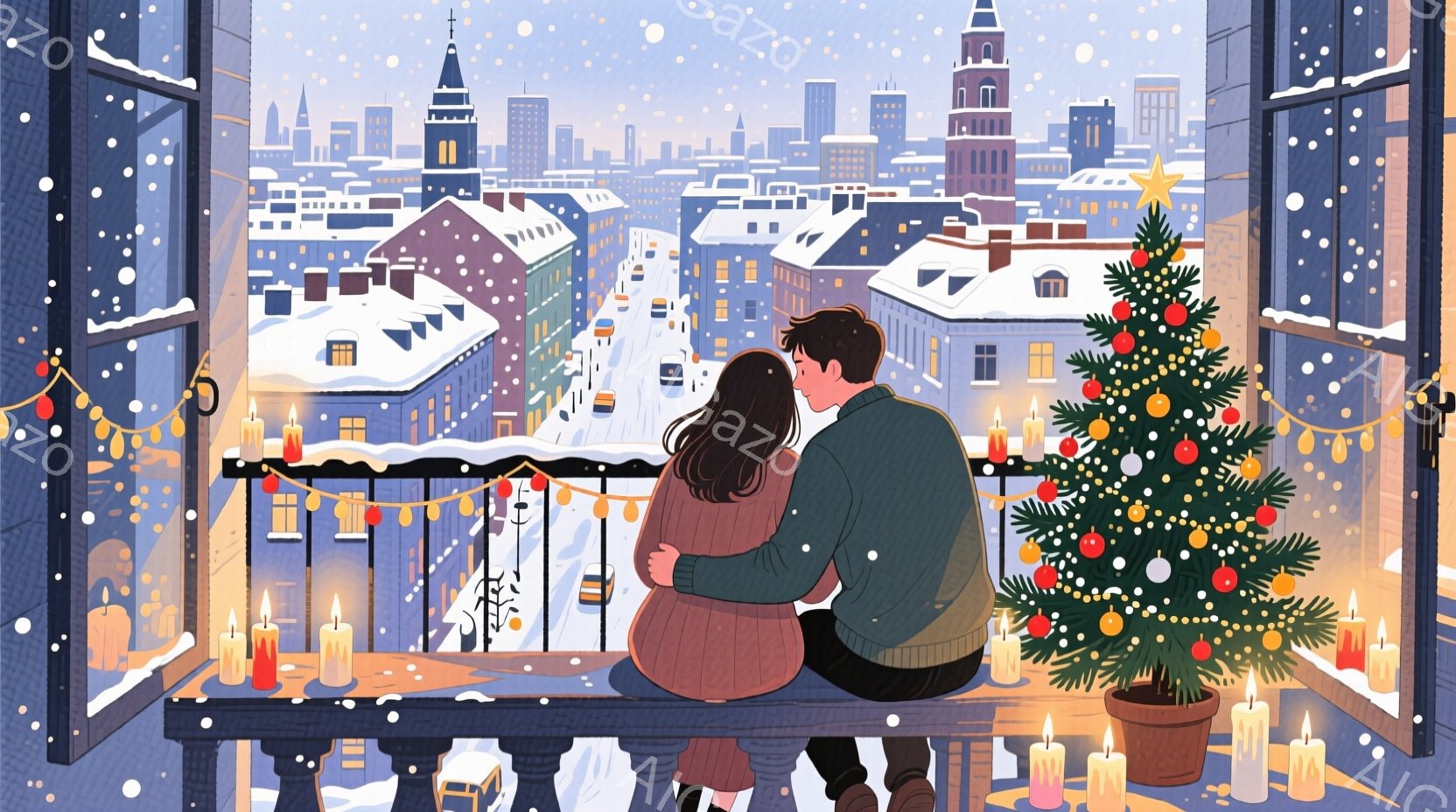 雪が降る街並みを背景に、若い男女がバルコニーの縁に寄り添って座っている。女性は長い茶色の髪で、ベージュ色のセーターを着ており、男性は緑色のコートを着ている。バルコニーにはクリスマスの飾りと無数の灯りが - AI生成フリー素材