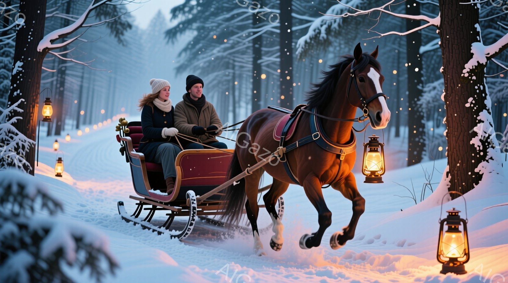 雪に覆われた森の中を、馬が引くそりが疾走している。そりの中には、ニット帽をかぶり赤いコートを着た女性と、黒い帽子とコートを着た男性が座っており、楽しそうな表情でそりを操っている。背景には雪をまとった木々が立ち並び、周囲には灯籠が灯り、幻想的な冬の雰囲気を醸し出している。