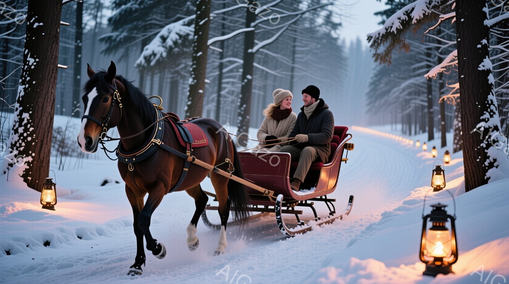 雪深い森の中を、茶色の馬が赤いそりに乗った男女を引いて進んでいます。女性は白のコートに帽子を被り、男性はダークカラーのコートを着ており、二人とも笑顔で楽しげな様子です。背景には雪に覆われた木々と、遠く - AI生成フリー素材