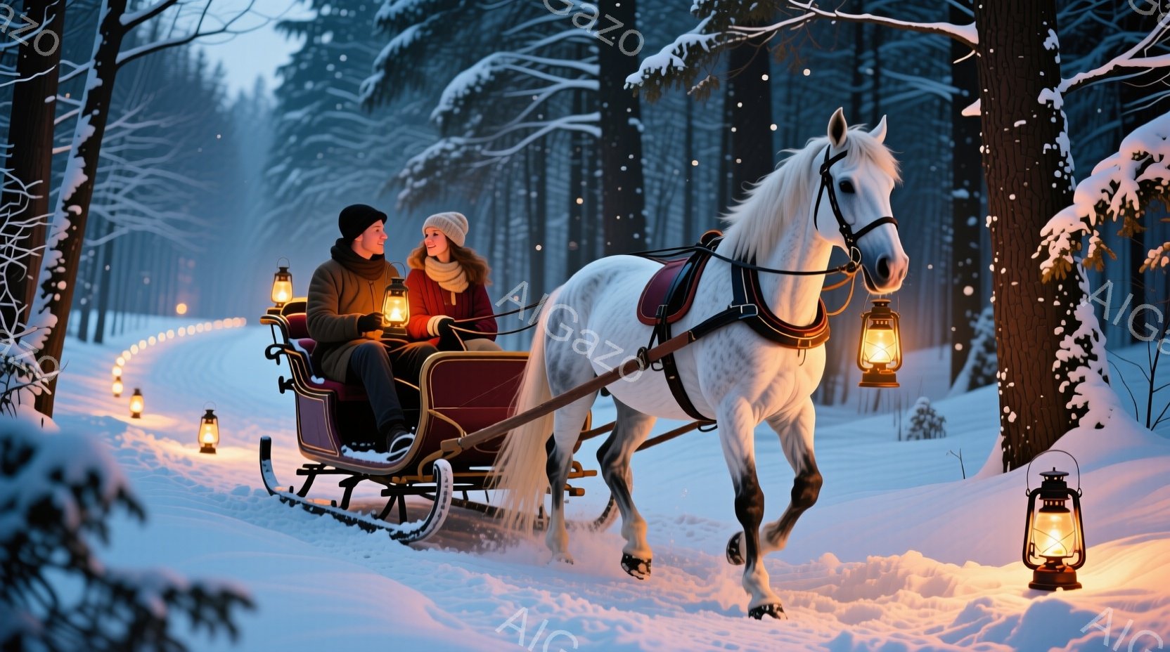 雪に覆われた森の中を、白い馬が引くソリが走っている。ソリには、ニット帽とコートを着た男女が座っており、暖かく微笑み合っている。周囲には雪が降り積もり、遠くには灯りが灯り、幻想的でロマンチックな雰囲気が漂っている。