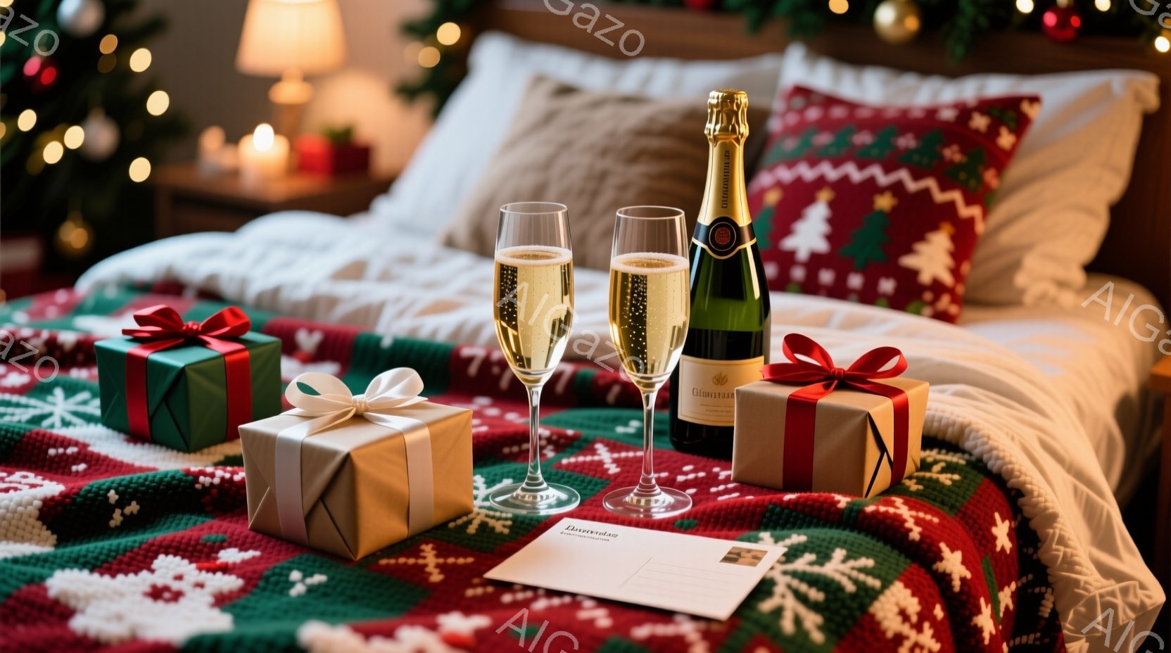 ベッドの上に、緑、金、ベージュの包装紙で包まれたプレゼントが三つ置かれています。シャンパンボトルとグラスが並び、クリスマスの飾り付けが背景に見え、暖かくロマンチックな雰囲気を醸し出しています。全体的に、クリスマスやお祝いの特別な瞬間を捉えた写真です。