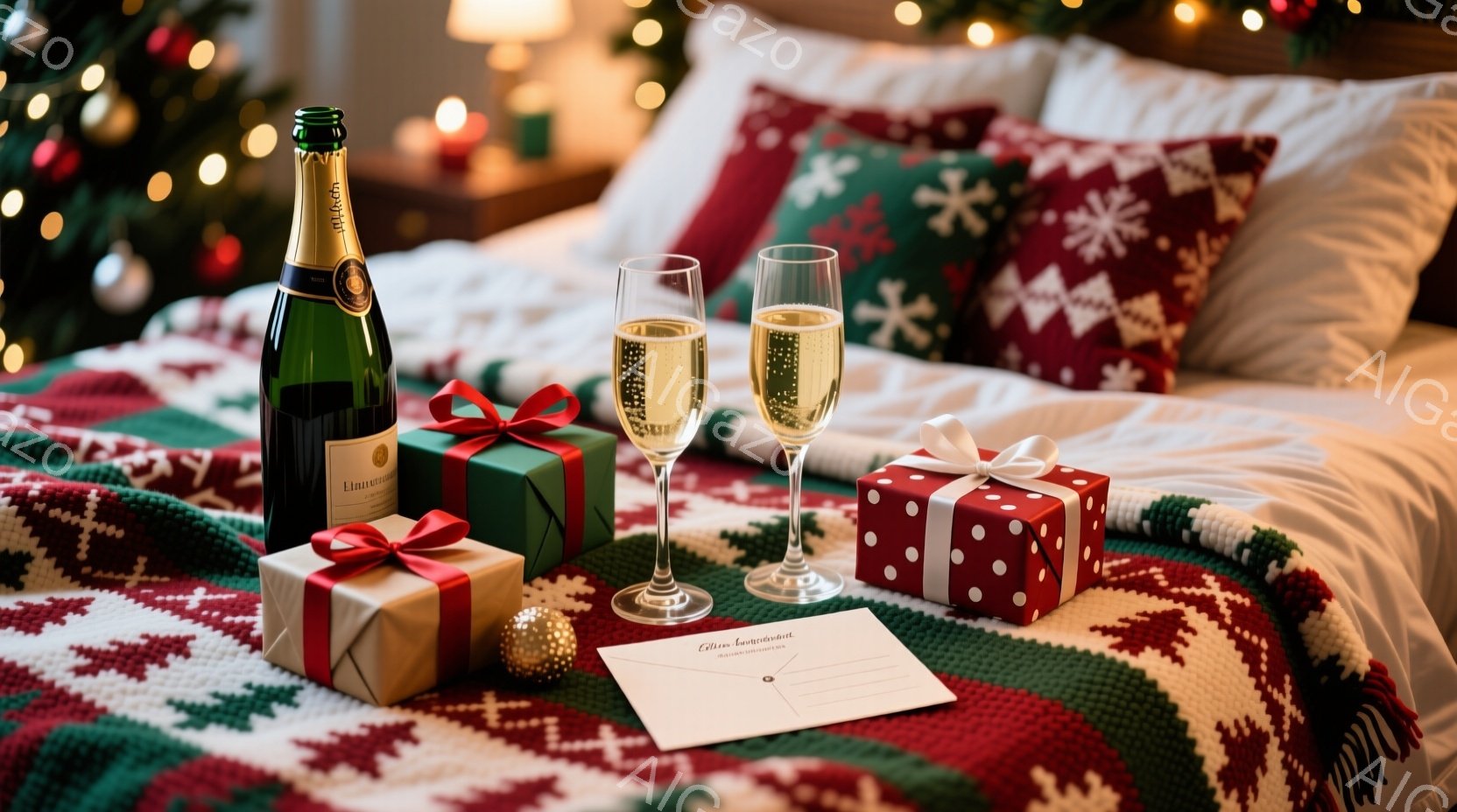 クリスマスを祝う温かい光景が描かれています。ベッドの上にシャンパンのボトルとグラス、そしてプレゼントが置かれており、赤い、緑、白のクリスマスのニットブランケットが暖かさを添えています。背景にはぼやけた - AI生成フリー素材