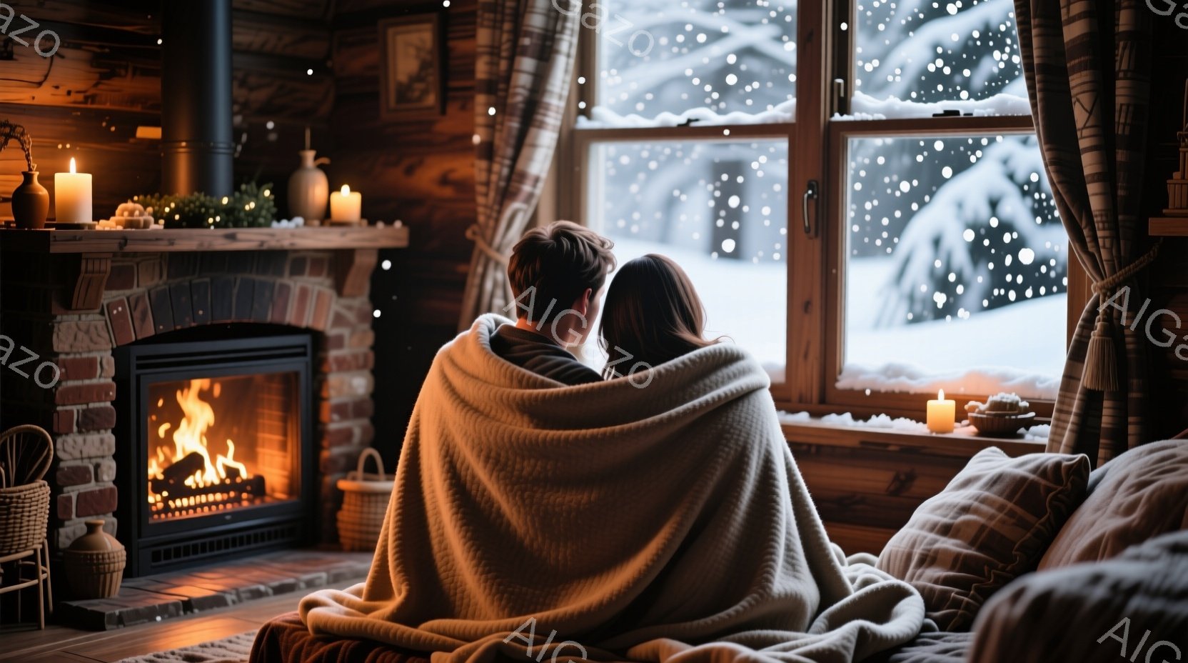 暖炉の前で寄り添うカップルが描かれています。二人は暖かい毛布に包まれ、窓の外の雪景色を眺めています。室内は温かく、キャンドルや籐のバスケットが置かれ、リラックスした雰囲気が漂っています。 - AI生成フリー素材