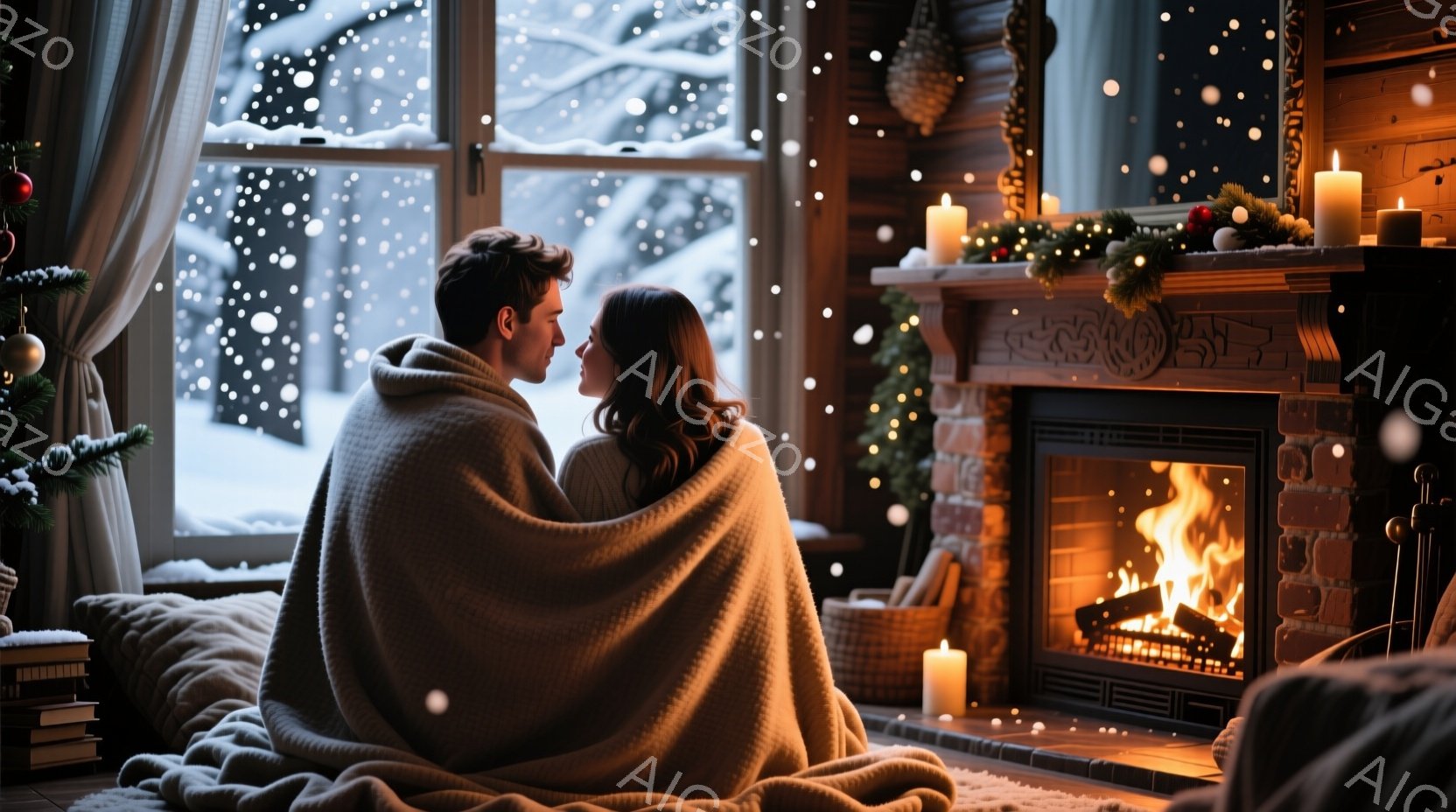 暖炉の前で寄り添う男女が描かれています。女性は長い茶髪で、男性は短い髪で、共にリラックスした表情をしています。背景には雪が降り積もる庭が見え、室内は暖炉の光とキャンドルの明かりで温かく、穏やかな雰囲気が漂っています。