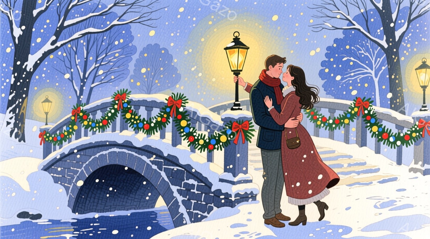 雪が舞う石造りの橋の上で、若い男女が寄り添い、キスをしている様子が描かれています。女性は赤いロングコートに黒いブーツ、男性は濃い青のコートに茶色の靴を履き、それぞれ暖かく着込んでいます。橋はクリスマス - AI生成フリー素材