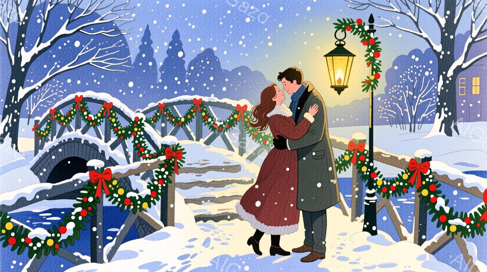 雪が降る橋の上で、若い男女が寄り添って立っています。女性は赤いドレスに黒いブーツ、男性は黒いコートを着ており、お互いを見つめ合い微笑んでいます。背景には、クリスマス装飾が施された橋、雪に覆われた建物、 - AI生成フリー素材