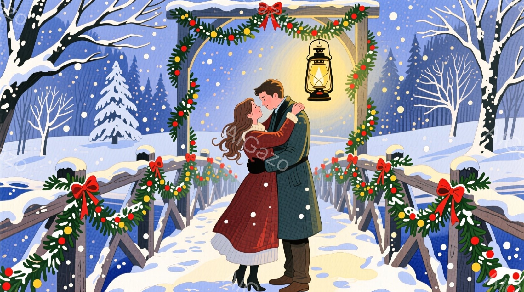 雪が舞う冬の風景の中で、赤いコートを着た女性と緑のコートを着た男性が寄り添い、キスをしようとしている。橋にはクリスマスデコレーションが施され、暖色のランタンが二人の上を照らし、ロマンチックな雰囲気を醸 - AI生成フリー素材