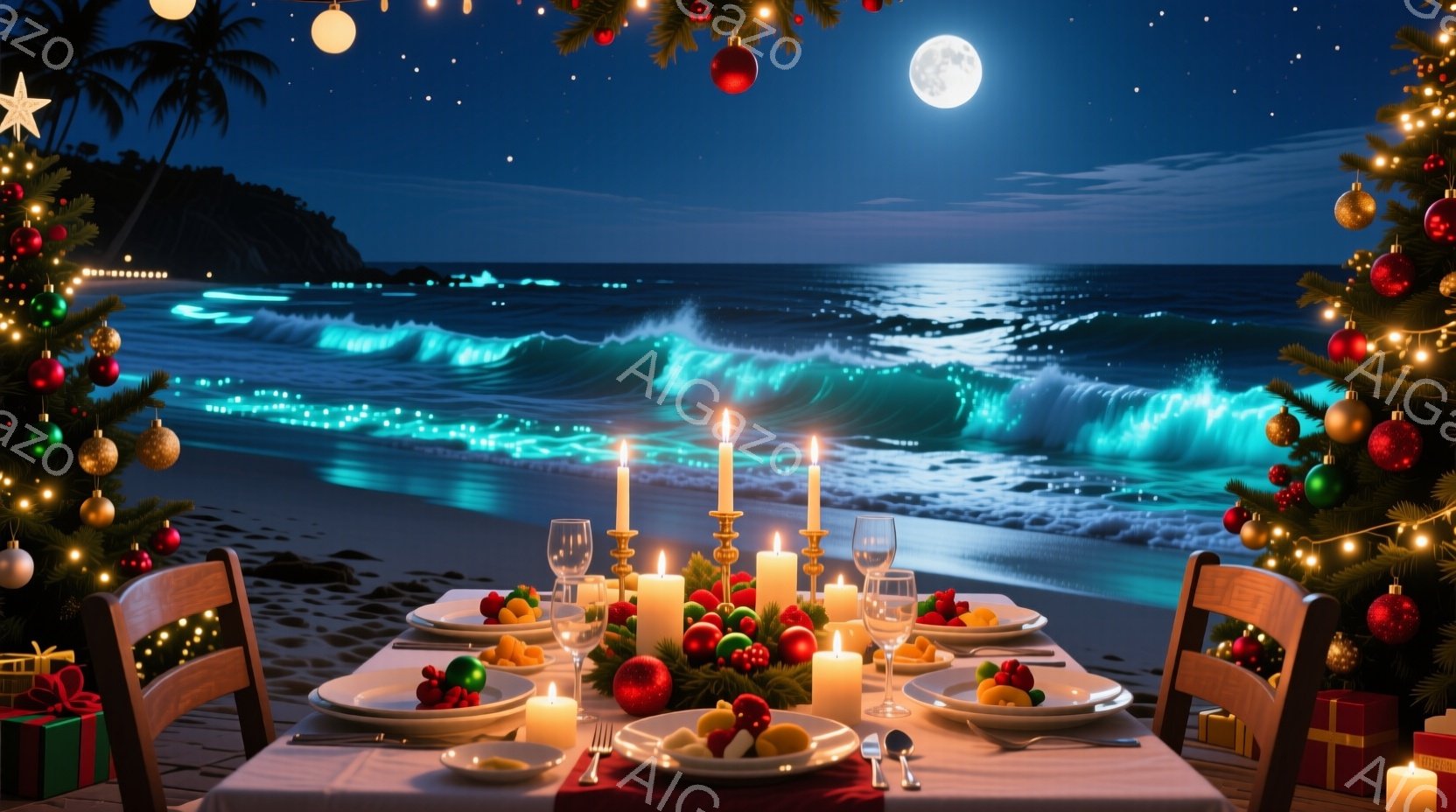 海岸沿いの夜に、クリスマスツリーと装飾されたテーブルが設置されています。テーブルの上には、キャンドル、食器、そして果物が並べられ、特別なディナーの準備が整っています。背景には満月が輝き、波が打ち寄せ、 - AI生成フリー素材