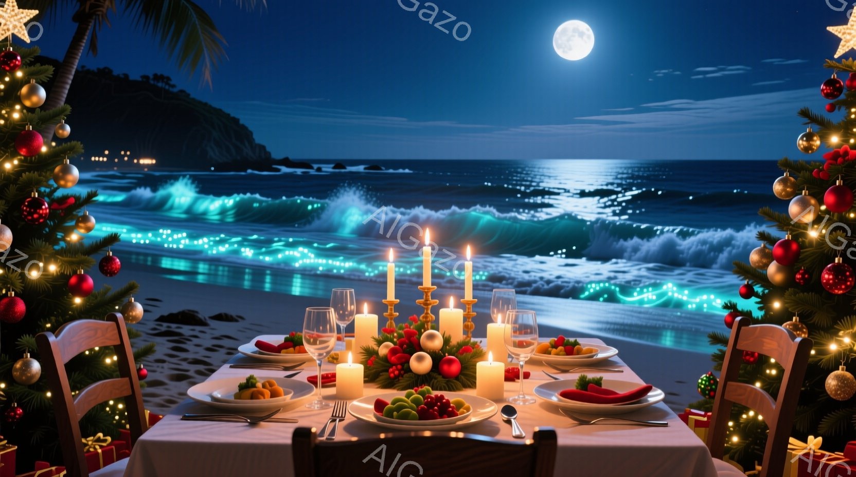 白いテーブルクロスが敷かれたダイニングテーブルが、夜のビーチに設置されており、クリスマスの飾り付けが施されたクリスマスツリーが両側にあります。テーブルには、キャンドル、花、果物や料理が盛られた皿が置かれ、クリスマスらしい温かい雰囲気を醸し出しています。背景には満月が輝き、波が打ち寄せる海岸線が広がり、幻想的な光景を作り出しています。
