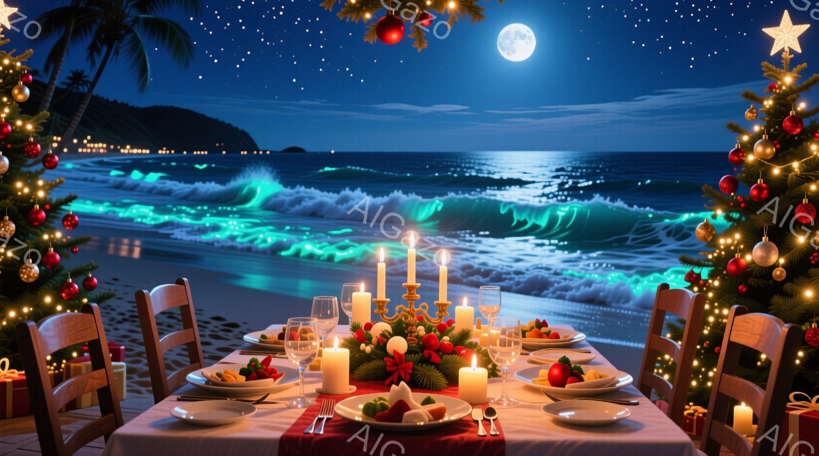 クリスマスツリーが飾られたテーブルが、夜のビーチに設置されており、波が穏やかに打ち寄せています。テーブルには、キャンドル、料理、グラスが並べられ、クリスマスの贈り物も置かれています。満月が輝き、夜空に - AI生成フリー素材