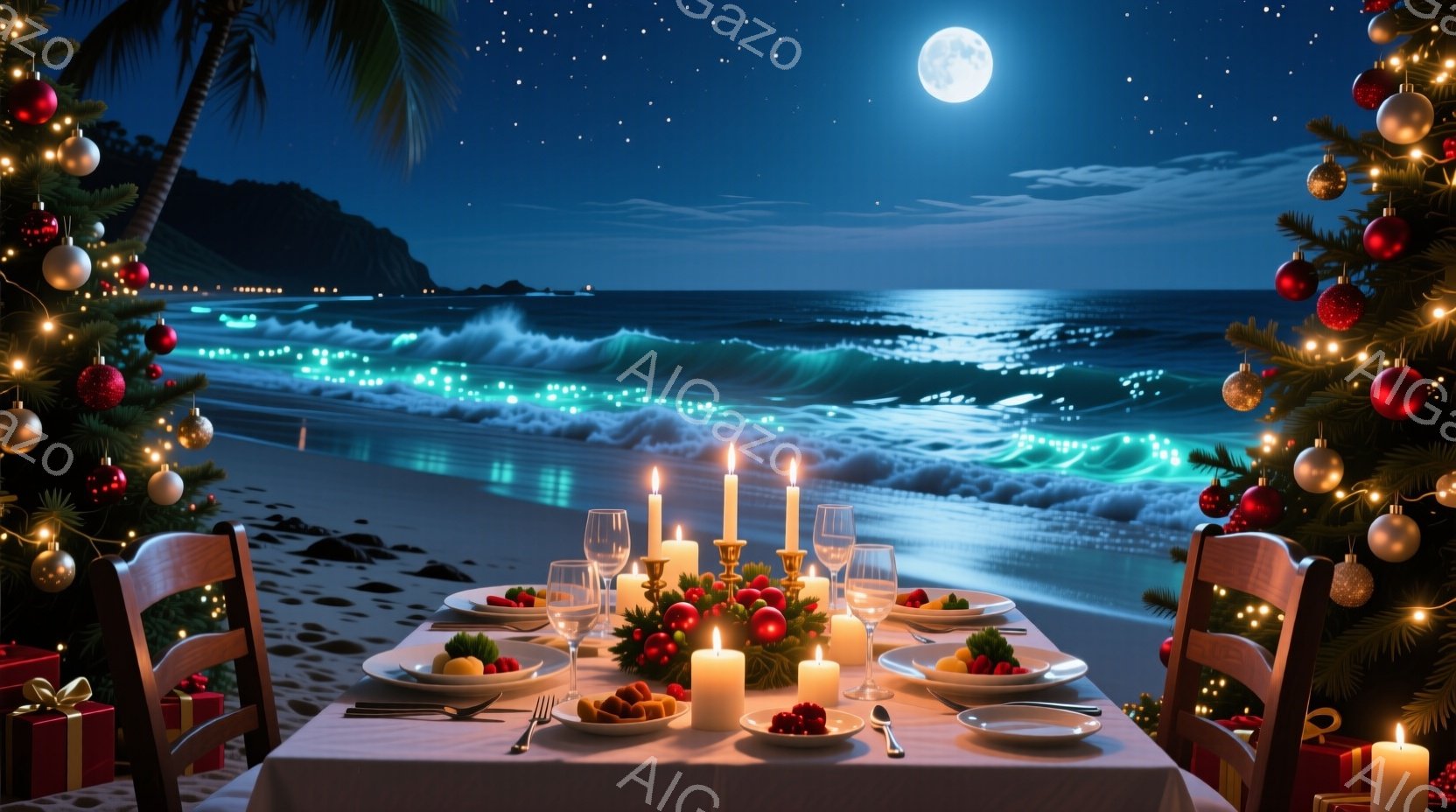 ビーチに設置された白いテーブルに、クリスマスのディナーがセットされた様子が描かれています。背景には満月が輝き、波が打ち寄せ、装飾されたクリスマスツリーが両側からテーブルを囲んでいます。温かくロマンチッ - AI生成フリー素材