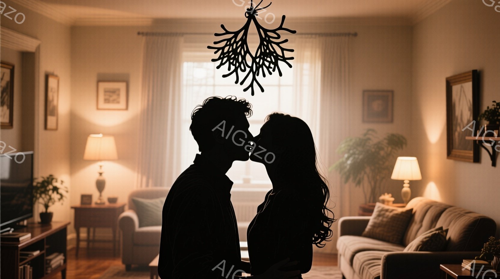 暖炉の上のつたのような装飾の下で、シルエットになった男女がキスをしようとしている様子が描かれています。男性は短い髪で、女性は長くカールした髪をしており、お互いに体を寄せ合い、愛情深く見つめ合っています。背景には、ソファやランプなど、居心地の良いリビングルームの家具が見え、全体的に温かくロマンチックな雰囲気が漂っています。