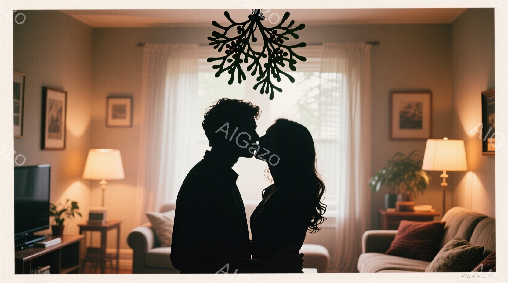 シロウトのシルエットで描かれたカップルが、ミステリーの枝の下でキスをしようとしています。 彼らはカジュアルな服装で、暖かく親密なリビングルームに立っています。 背景には、ソファ、ランプ、植物が見え、全体的にロマンチックで心地よい雰囲気です。