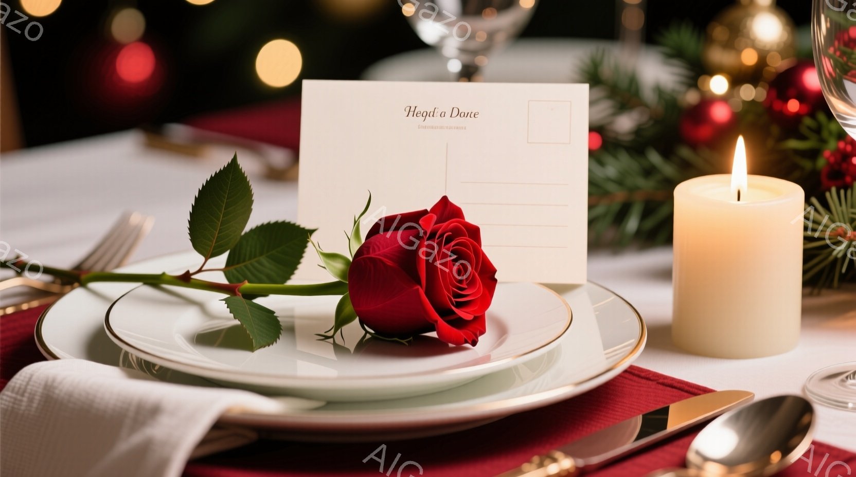 テーブルセッティングが写っており、白いリネンクロスの上に赤いランナーが敷かれています。皿が重ねられ、その上に赤いバラが置かれ、周りにはフォーク、ナイフ、スプーンなどのカトラリーが配置されています。背景にはぼやけたクリスマス装飾が見え、温かくロマンチックな雰囲気を醸し出しています。