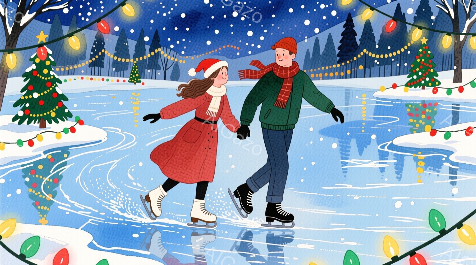 丸太造りのコテージの前で、一対の人物が暖炉の火を眺めて座っている。男性は赤いセーターを着ており、女性は濃い青いジャケットを着ている。背景には深い森が広がり、雪が降っており、コテージからは煙が立ち上って - AI生成フリー素材