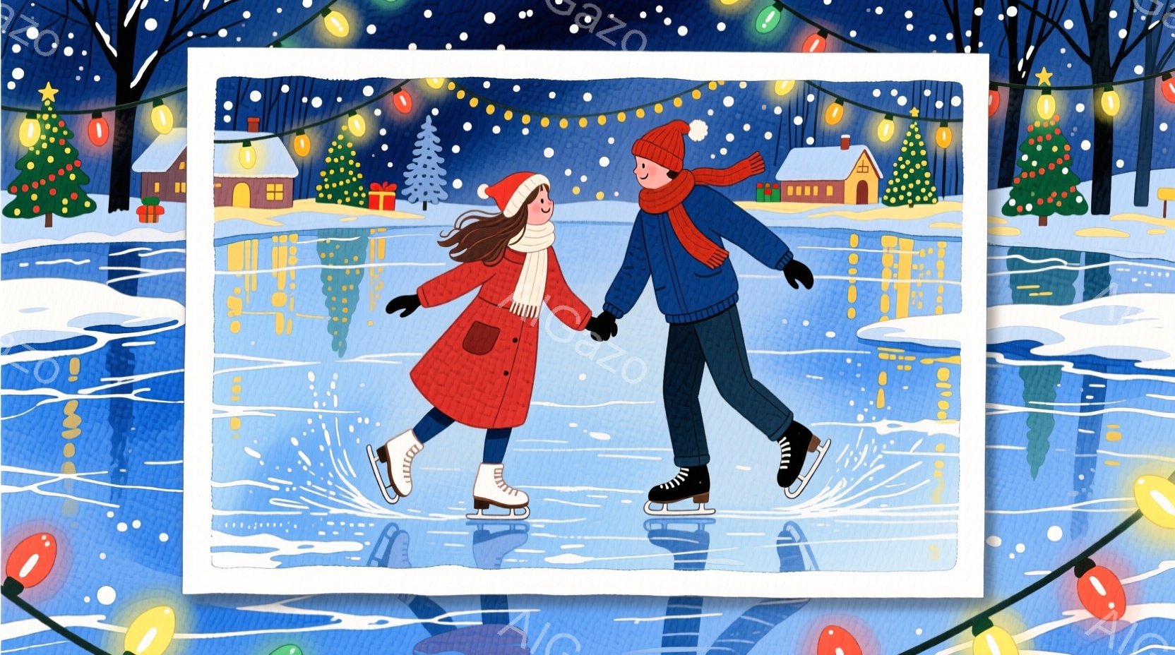 鮮やかな赤いコートと帽子を身に着けた女性と、濃い青のセーターを着た男性が、手をつないでスケートを楽しんでいます。二人は笑顔で、滑ることに集中している様子が伝わってきます。背景には雪景色の中に家々やクリ - AI生成フリー素材