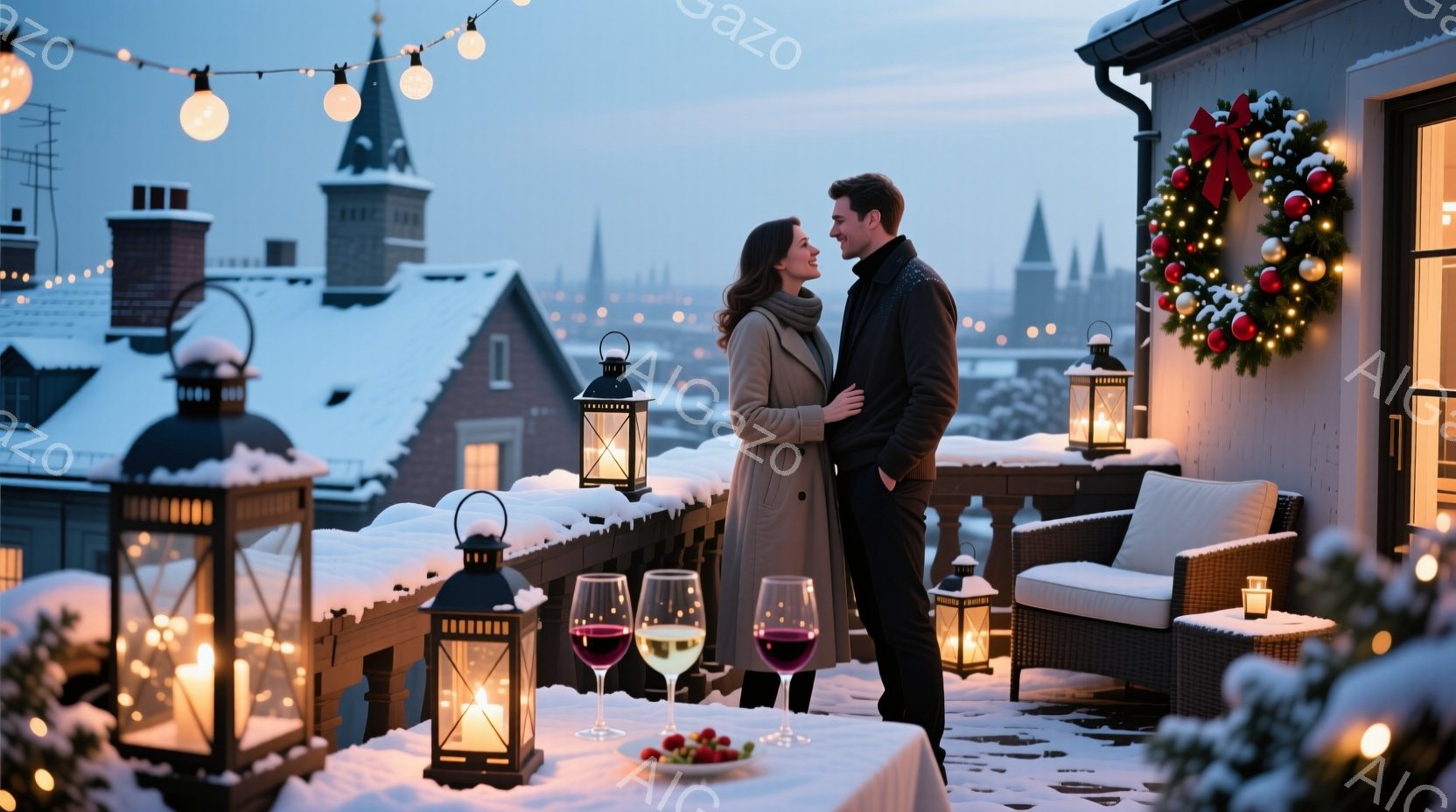 雪に覆われた屋上のバルコニーで、男女が寄り添って立っている。女性はロングコートを着ており、髪はゆるやかに巻かれている。背景には雪景色が広がり、遠くには尖塔がそびえ立ち、クリスマスの飾り付けが暖かくロマンチックな雰囲気を醸し出している。