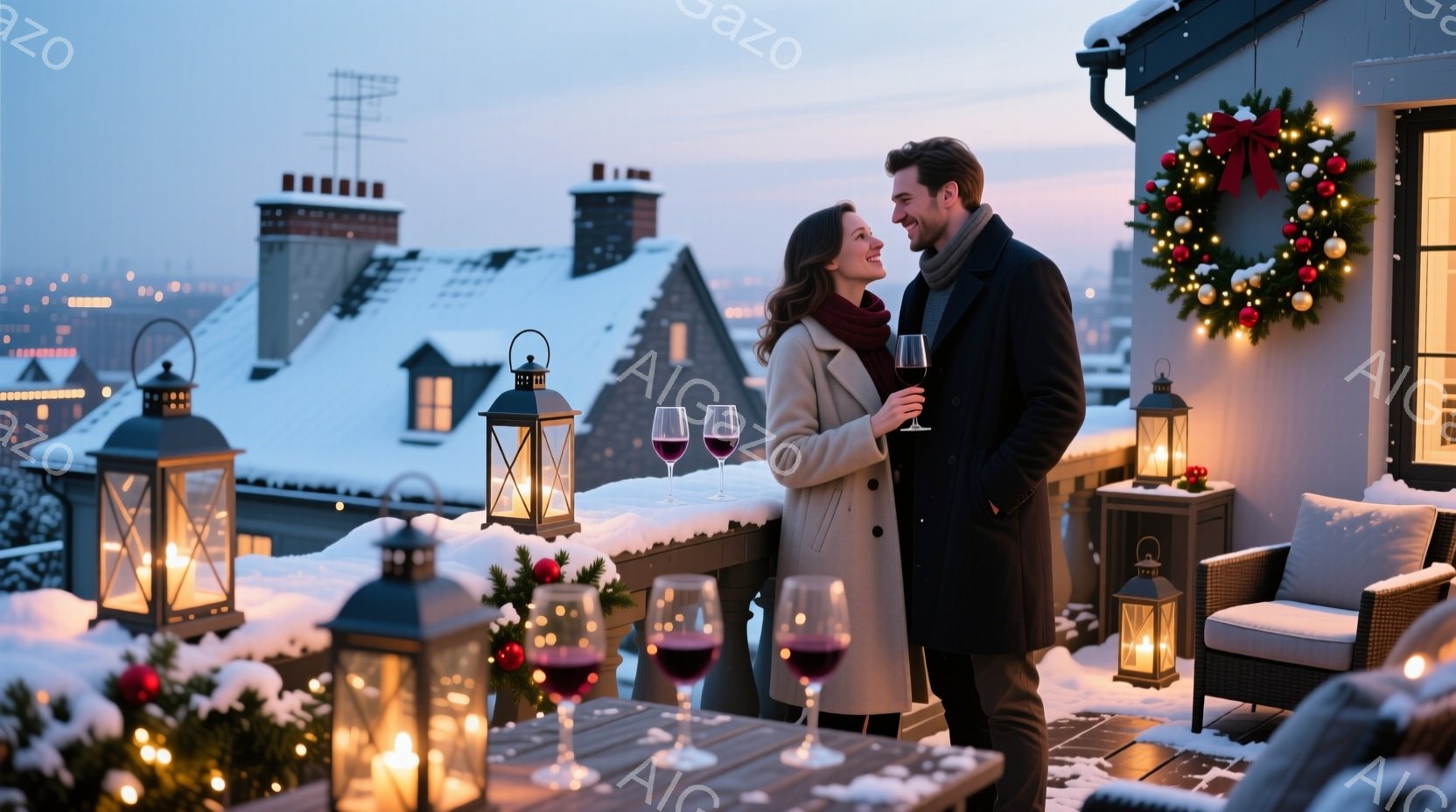 雪景色を背景に、屋上のテラスでワイングラスを片手に寄り添う男女が描かれています。女性はベージュのコートに赤いマフラーを巻き、ロングヘアを肩から垂らしており、男性は黒いコートに白いシャツを着て、穏やかな笑顔を浮かべています。周囲には提灯やクリスマスリースが飾られ、冬のロマンチックな雰囲気を醸し出しています。