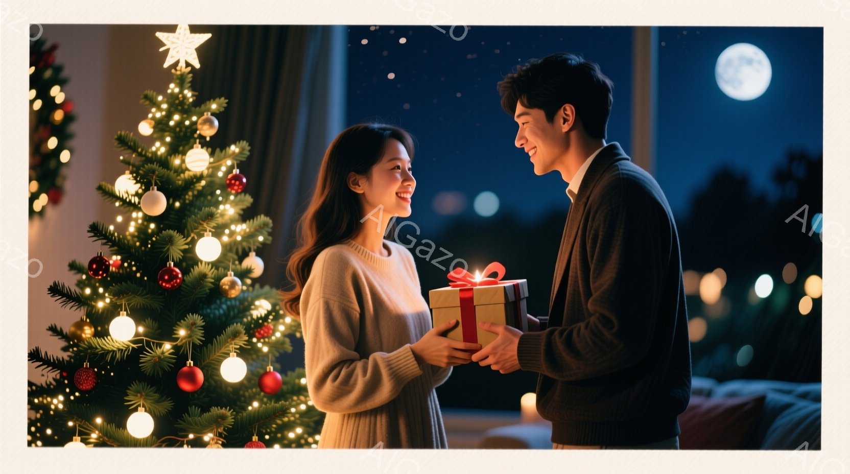 室内でクリスマスツリーを背景に、若い男女がプレゼント交換をしている様子が描かれています。女性はゆるやかなウェーブヘアで、ベージュのニットを着て微笑んでおり、男性はダークカラーのニットを着て、女性にギフ - AI生成フリー素材