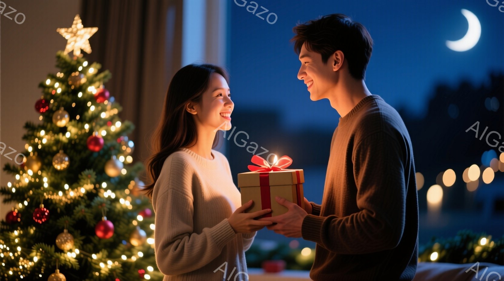 若い女性は白いセーターを着て、笑顔でプレゼントを受け取ろうとしています。男性も紺色のセーターを着て、微笑みながらプレゼントを差し出しています。背景には、飾られたクリスマスツリーと、夜景が見える窓があり - AI生成フリー素材