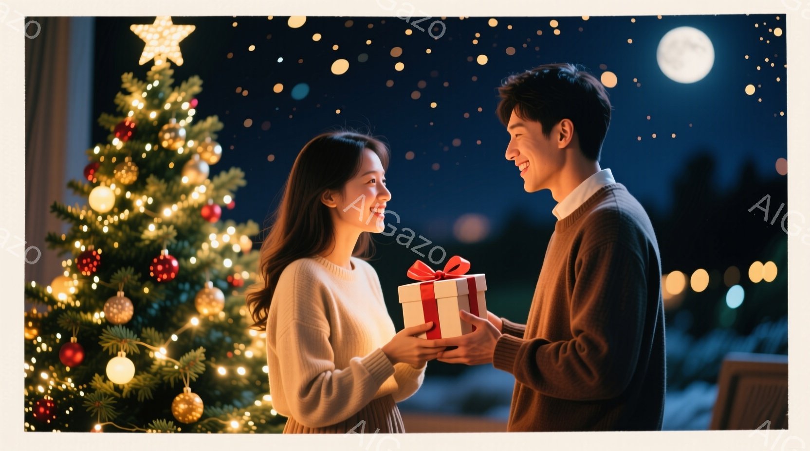 暖炉のそばに飾られたクリスマスツリーの前で、若い男女がプレゼントを交換している場面だ。女性は白いセーターを着て、長い髪を肩にかけ、笑顔でプレゼントを受け取っている。男性は茶色のセーターを着ており、彼女 - AI生成フリー素材